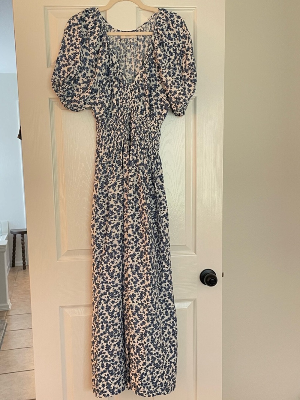 Faithfull the Brand Blue and White Floral maxi Dress with Puff Sleeves